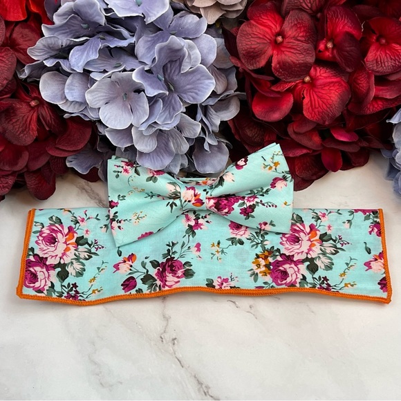 Light Blue Floral Butterfly Bow Tie and Pocket Square - Picture 5 of 16